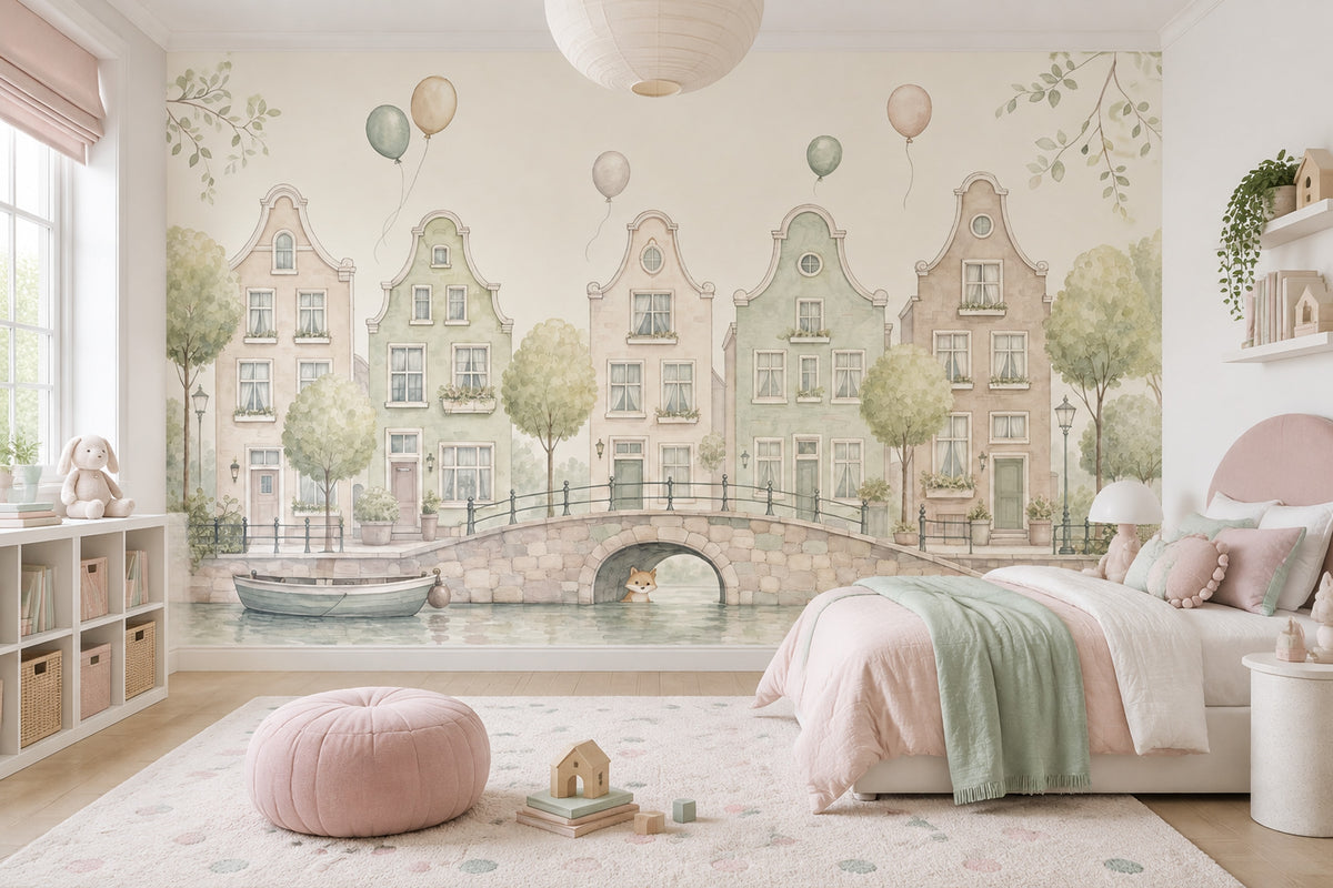 Pastel Evler Poster Duvar Kağıdı Çocuk Odası Şehir Manzaralı