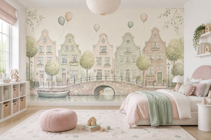 Pastel Evler Poster Duvar Kağıdı Çocuk Odası Şehir Manzaralı