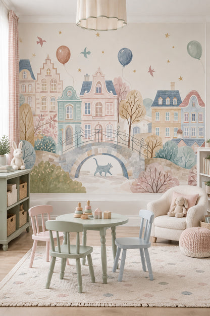 Masalsı Şehir Manzaralı Poster Duvar Kağıdı Pastel Çocuk Odası