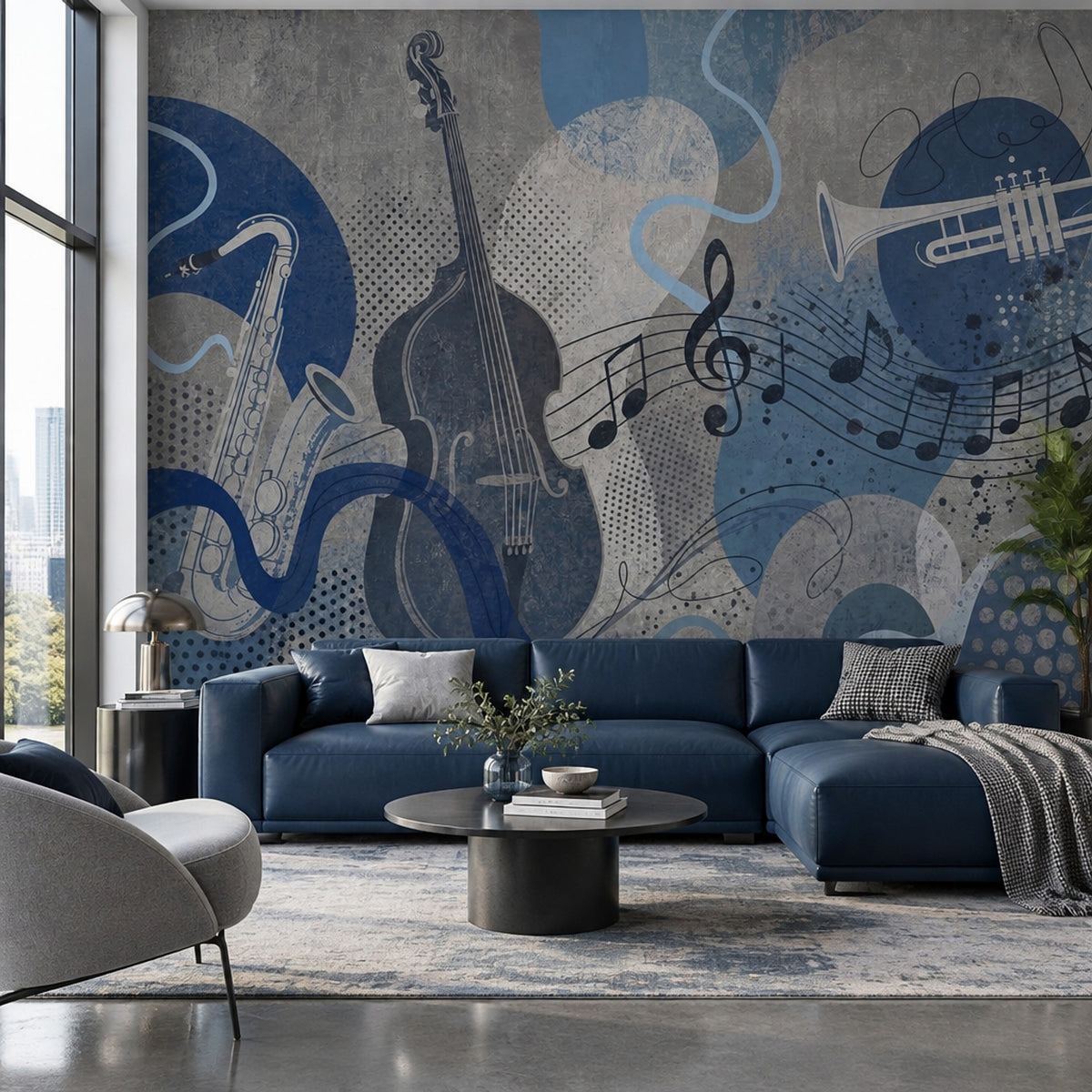 Müzik Temalı Poster Duvar Kağıdı Mavi Notalı Salon Duvarı