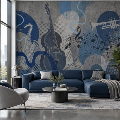 Müzik Temalı Poster Duvar Kağıdı Mavi Notalı Salon Duvarı