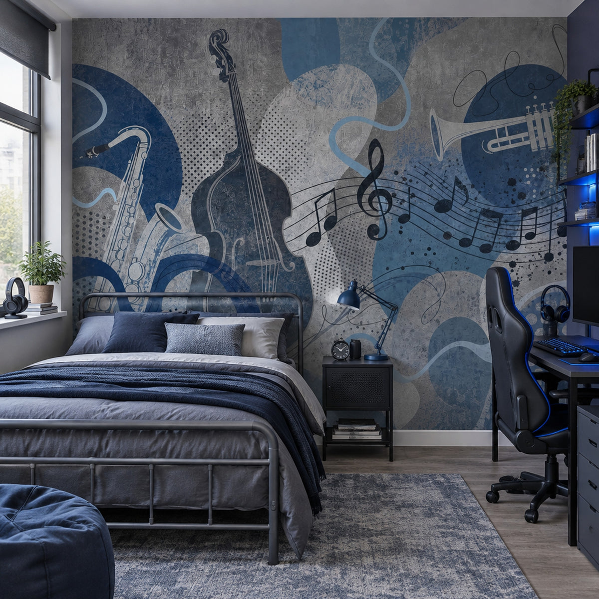 Müzik Temalı Poster Duvar Kağıdı Mavi Notalı Salon Duvarı