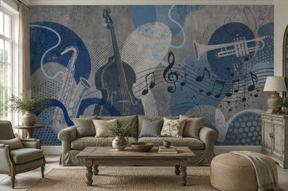 Müzik Temalı Poster Duvar Kağıdı Mavi Notalı Salon Duvarı