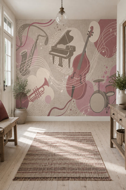 Müzik Enstrümanlı Poster Duvar Kağıdı Pudra Pembe Salon