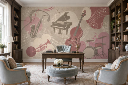 Müzik Enstrümanlı Poster Duvar Kağıdı Pudra Pembe Salon