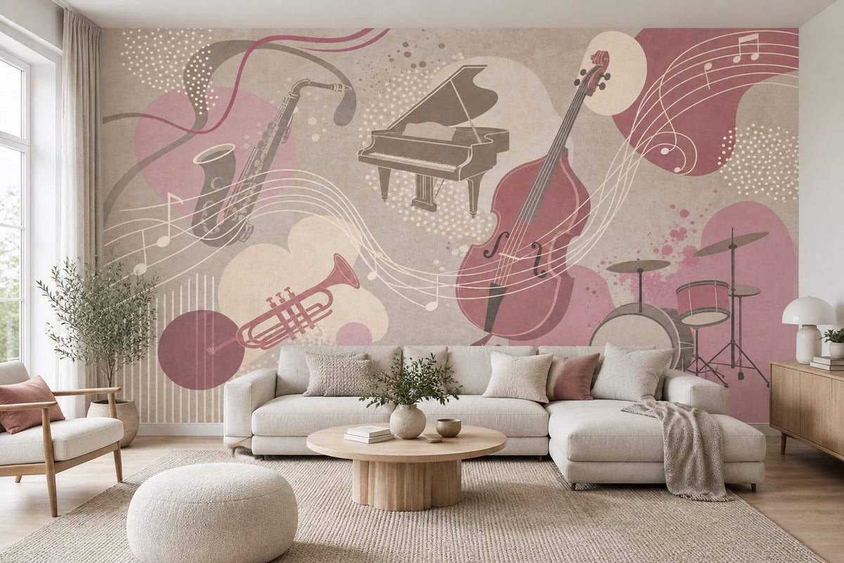 Müzik Enstrümanlı Poster Duvar Kağıdı Pudra Pembe Salon