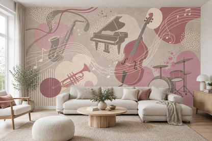 Müzik Enstrümanlı Poster Duvar Kağıdı Pudra Pembe Salon