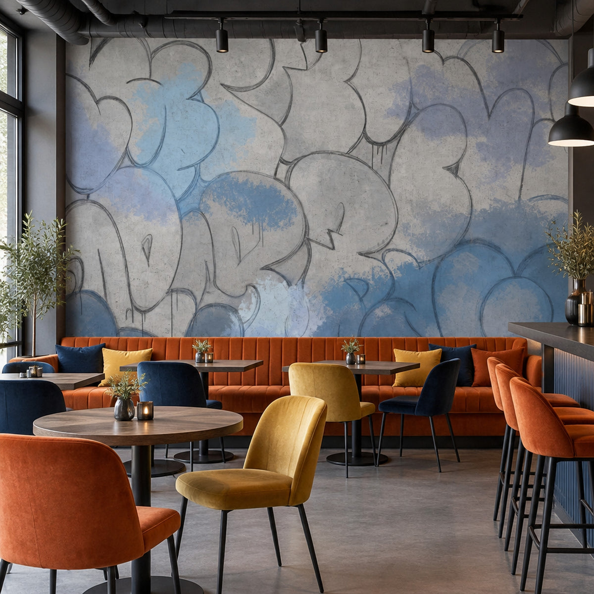 Soyut Graffiti Poster Duvar Kağıdı Gri Mavi Modern Salon