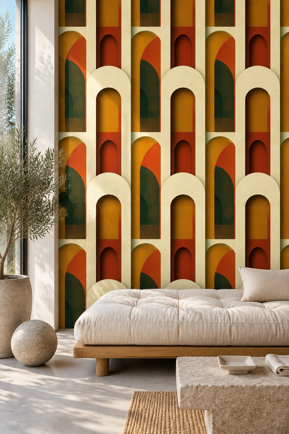 Retro Kemer Desenli Duvar Kağıdı Turuncu Yeşil Modern Salon