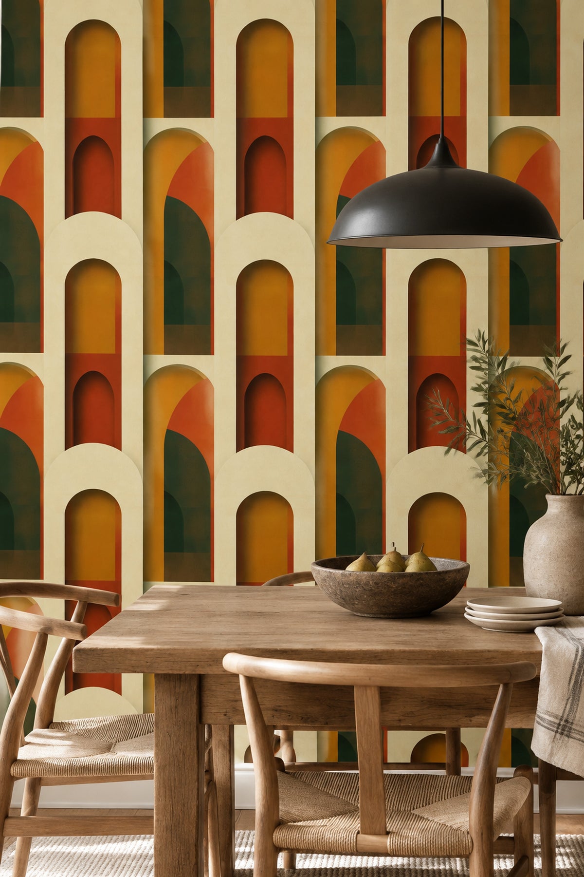 Retro Kemer Desenli Duvar Kağıdı Turuncu Yeşil Modern Salon