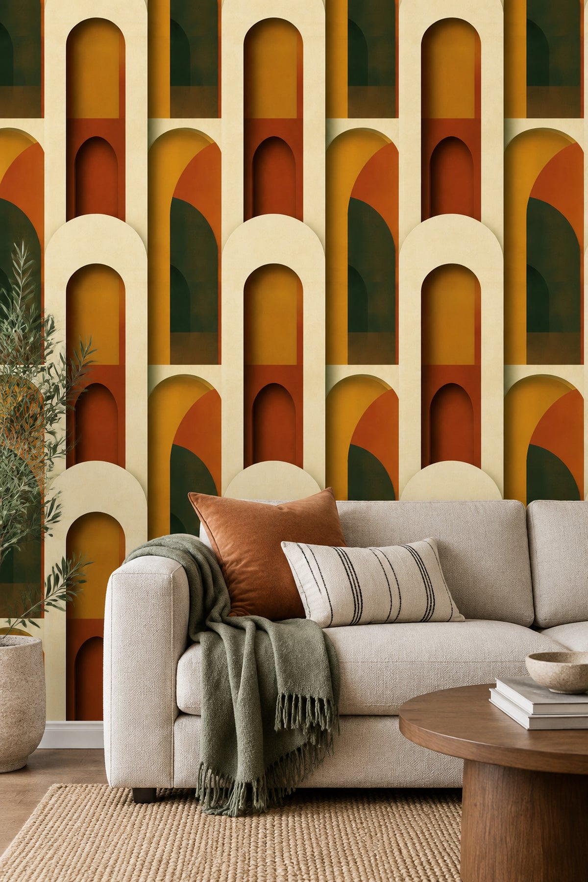Retro Kemer Desenli Duvar Kağıdı Turuncu Yeşil Modern Salon