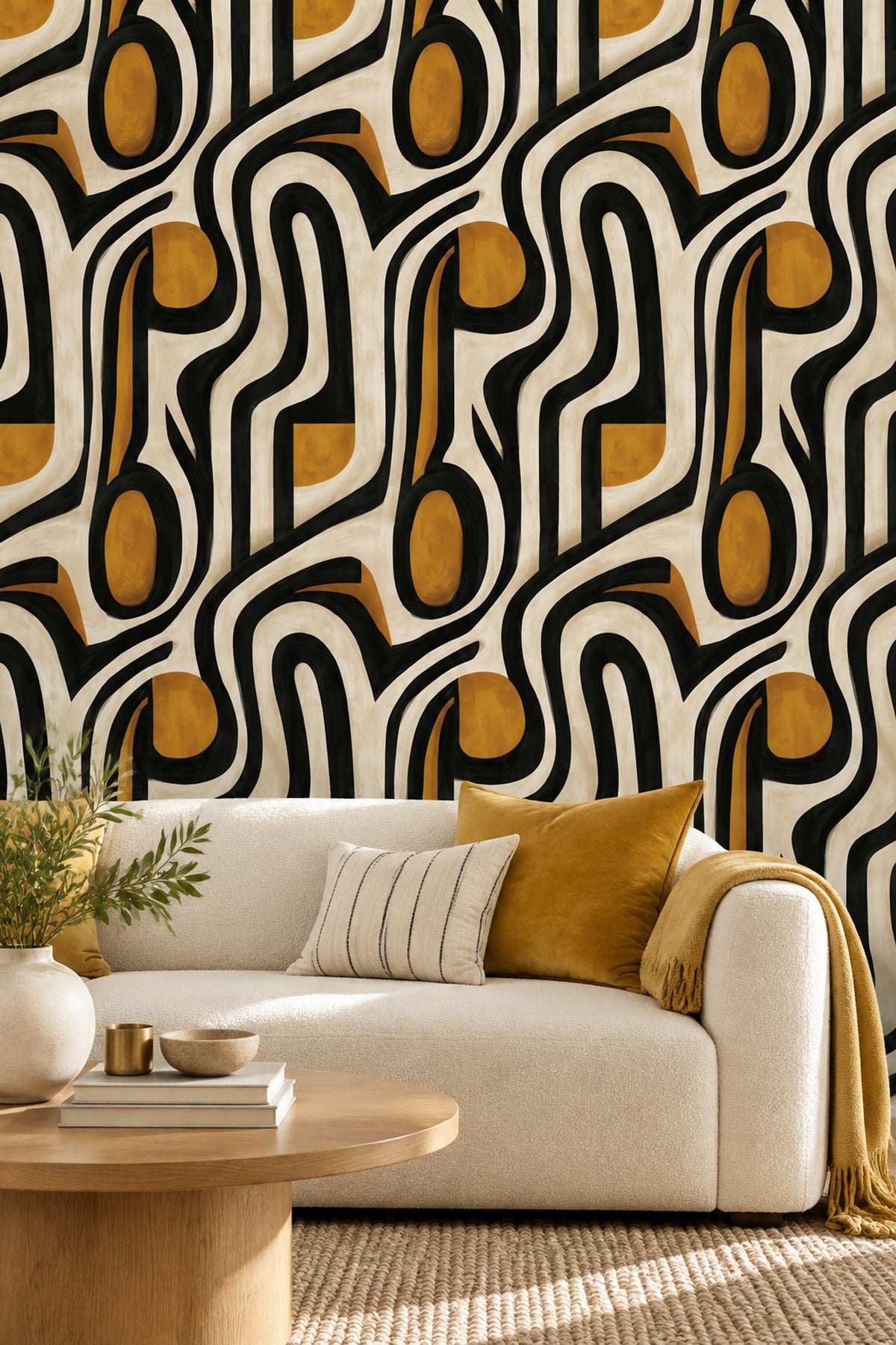 Soyut Geometrik Duvar Kağıdı Siyah Krem Hardal Salon