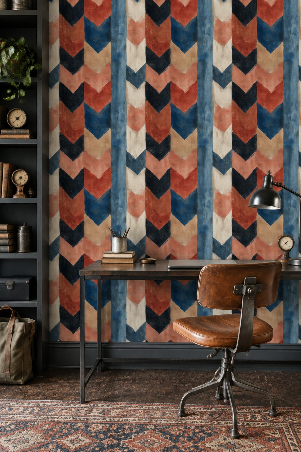 Geometrik Şeritli Duvar Kağıdı Mavi Kiremit Renk Salon