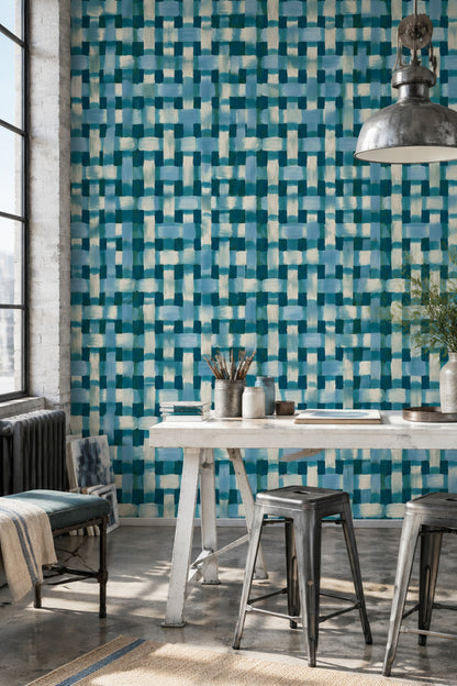 Mavi Kareli Geometrik Duvar Kağıdı Modern Salon Dekoru