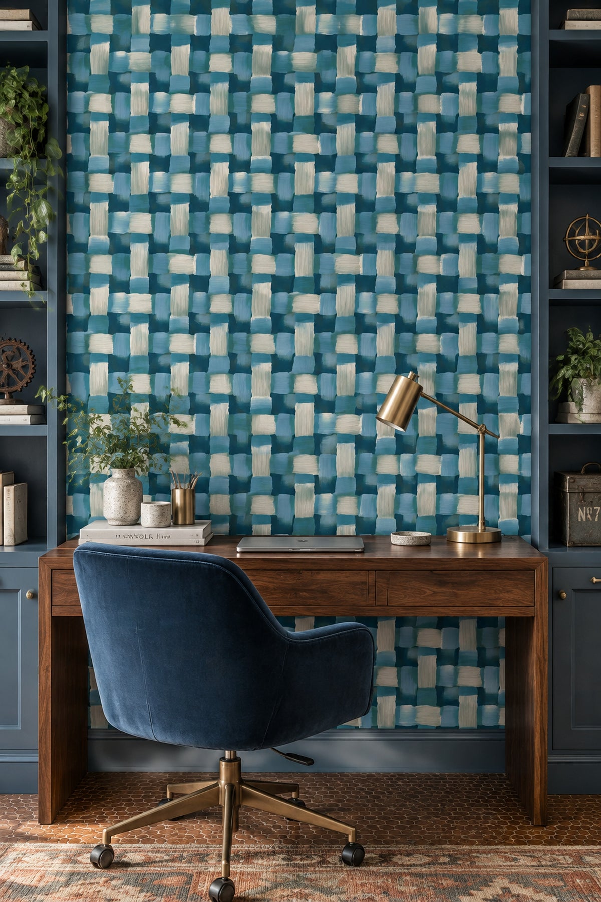 Mavi Kareli Geometrik Duvar Kağıdı Modern Salon Dekoru