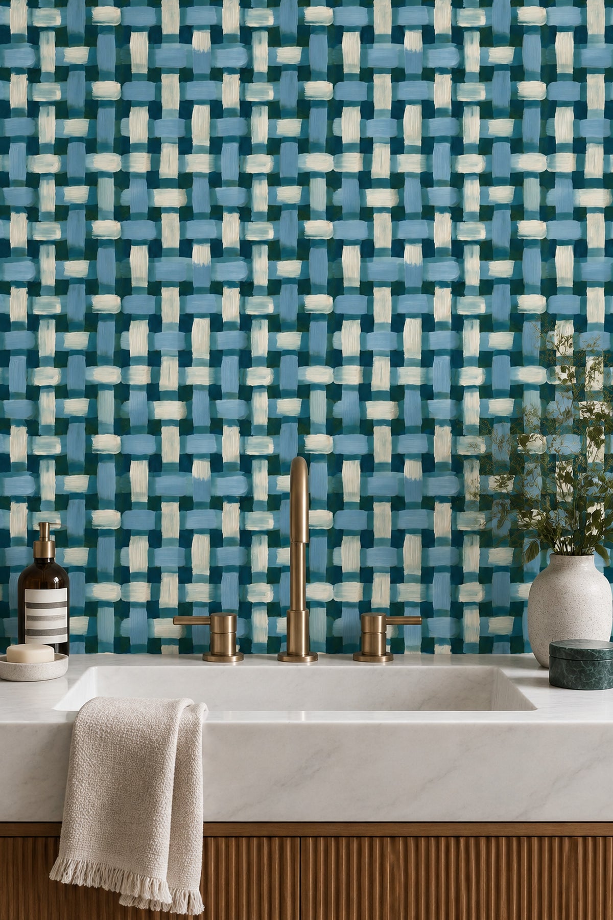 Mavi Kareli Geometrik Duvar Kağıdı Modern Salon Dekoru