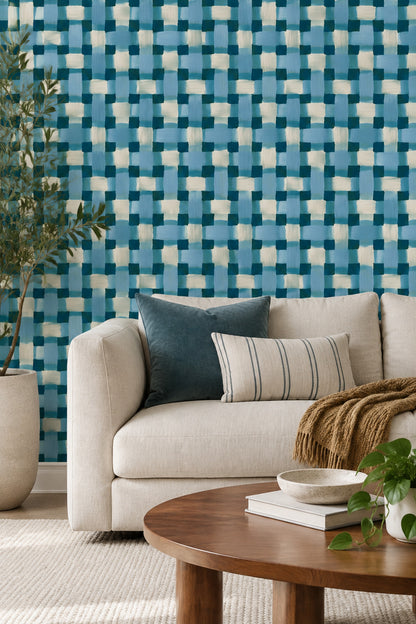 Mavi Kareli Geometrik Duvar Kağıdı Modern Salon Dekoru