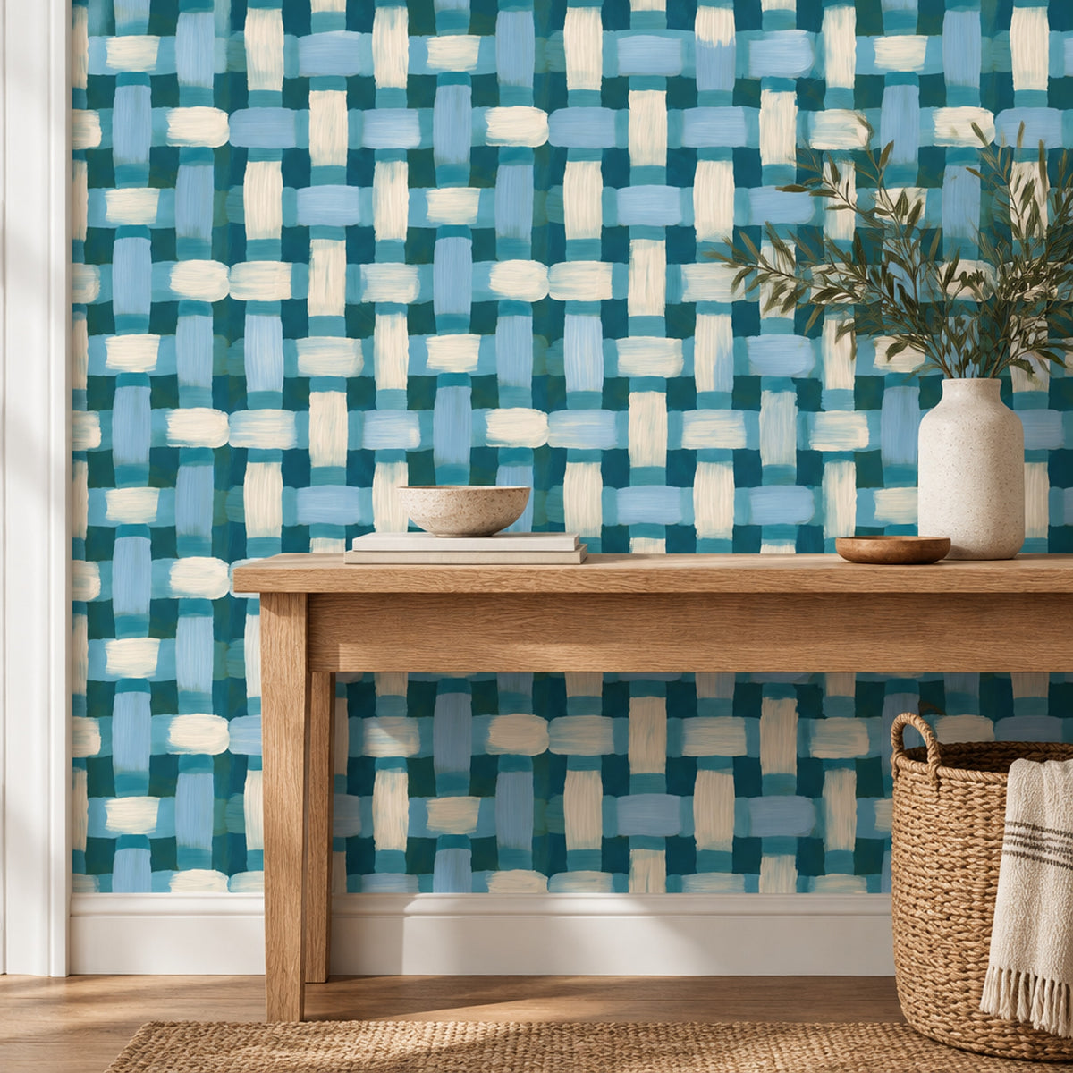 Mavi Kareli Geometrik Duvar Kağıdı Modern Salon Dekoru