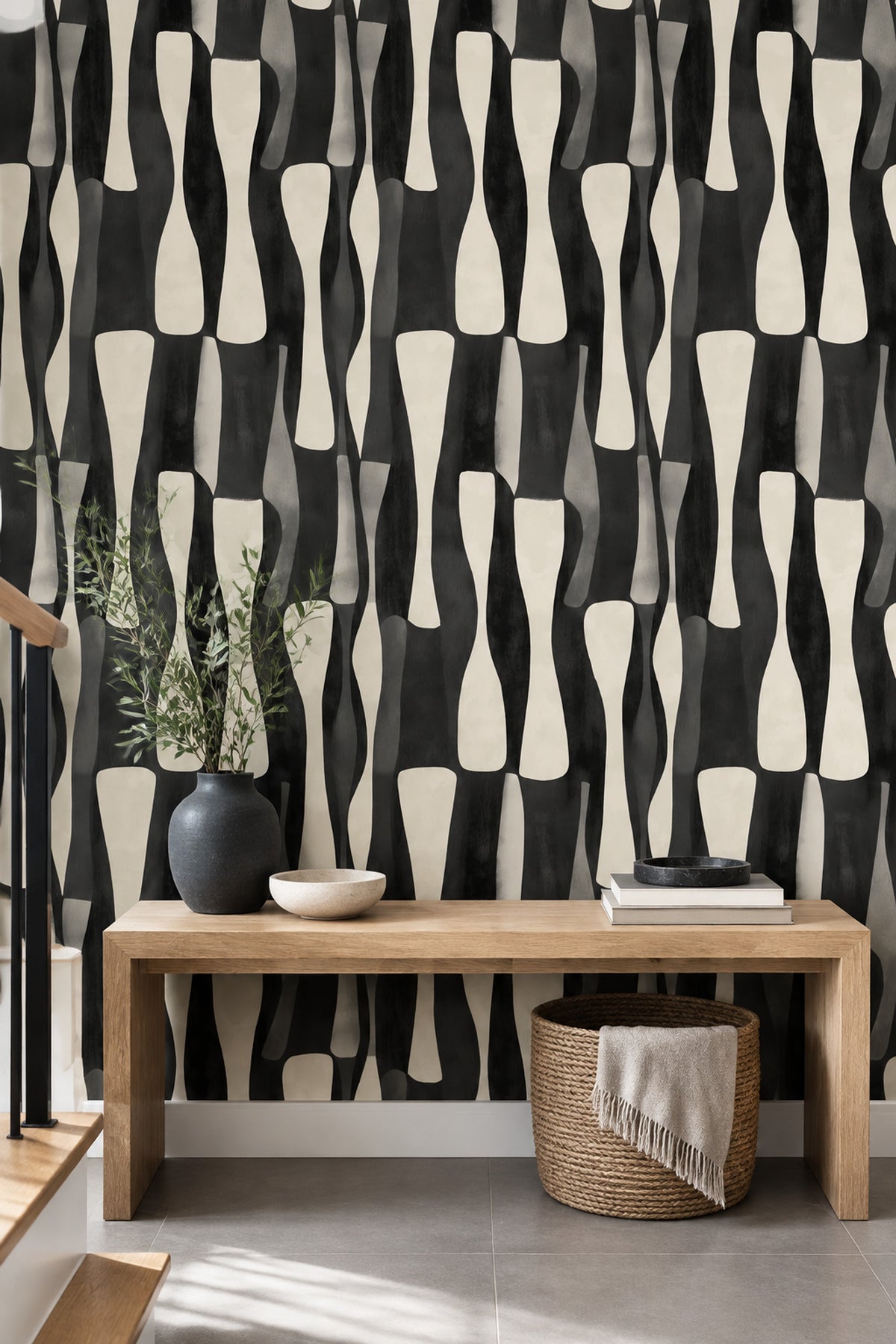 Soyut Geometrik Duvar Kağıdı Siyah Krem Salon Deseni