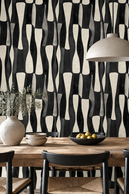 Soyut Geometrik Duvar Kağıdı Siyah Krem Salon Deseni