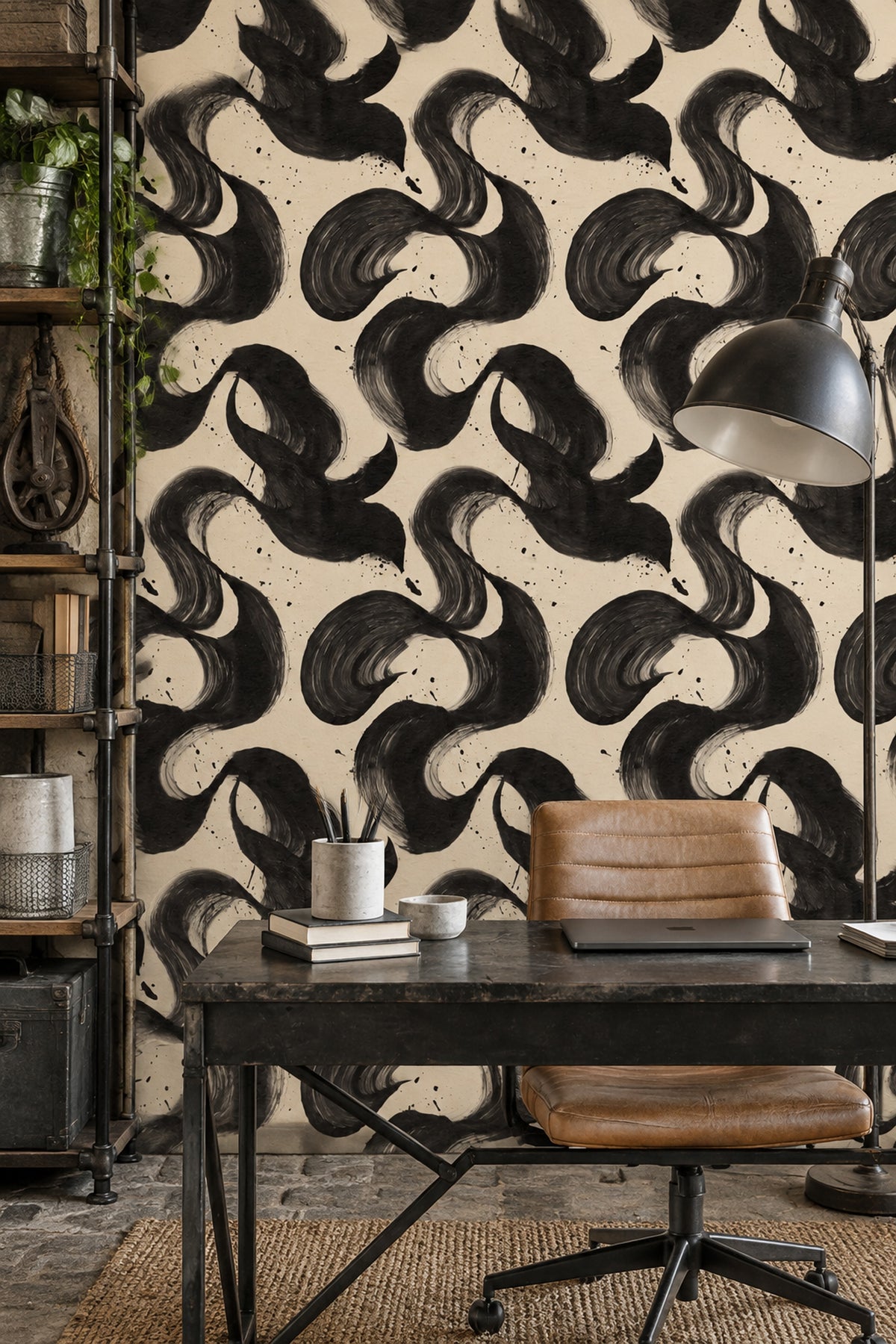 Siyah Fırça Darbeli Duvar Kağıdı Modern Soyut Desenli