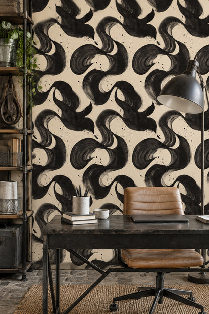 Siyah Fırça Darbeli Duvar Kağıdı Modern Soyut Desenli