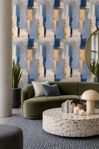 Soyut Geometrik Duvar Kağıdı Mavi Bej Modern Salon