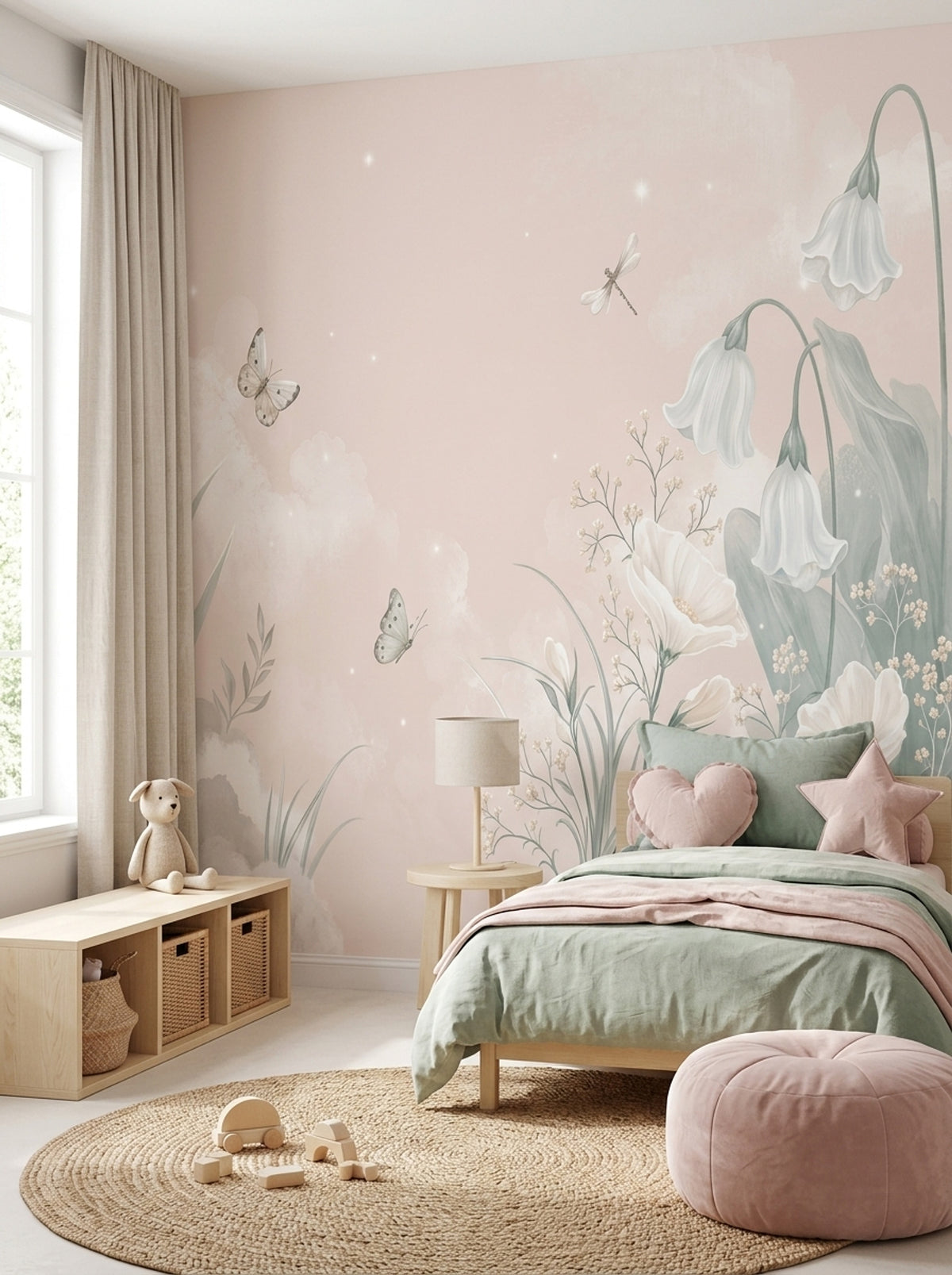 Pastel Çiçekli Poster Duvar Kağıdı Pudra Pembe Çocuk Odası