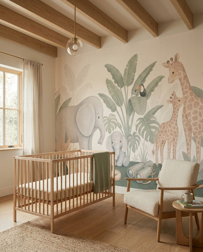 Safari Hayvanlı Poster Duvar Kağıdı Yeşil Bebek Odası