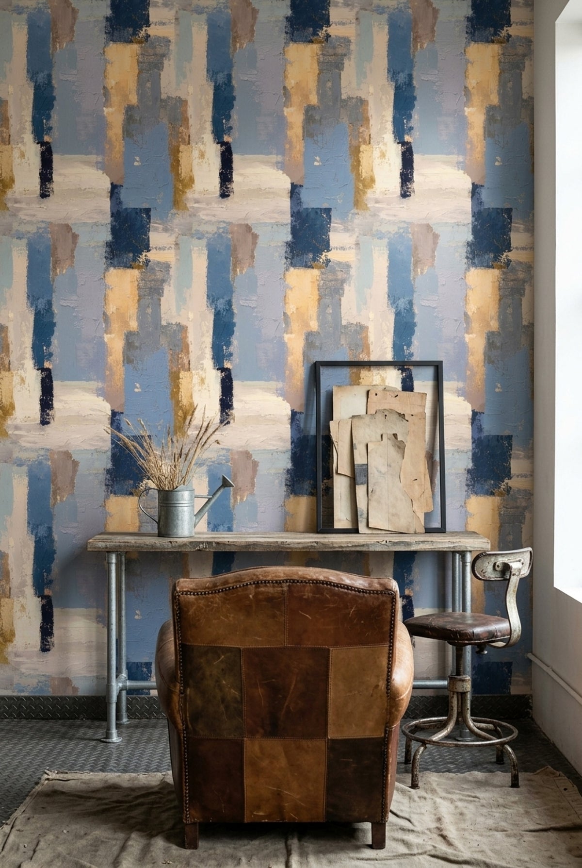 Soyut Geometrik Duvar Kağıdı Mavi Bej Modern Salon