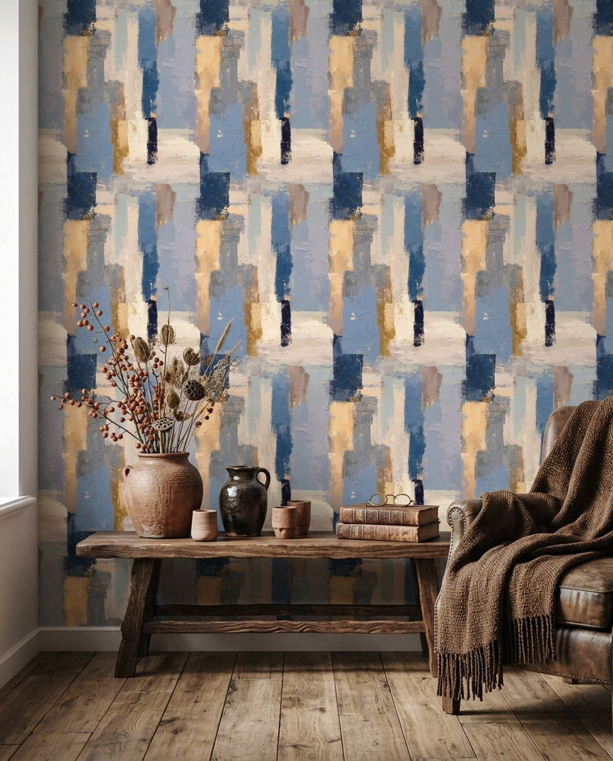 Soyut Geometrik Duvar Kağıdı Mavi Bej Modern Salon