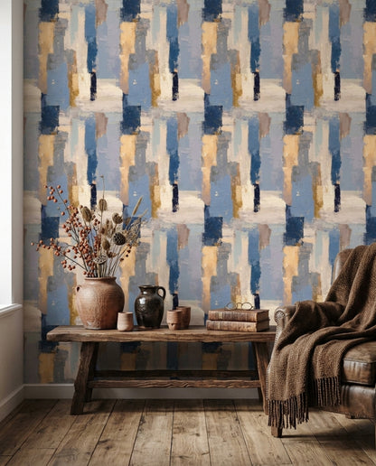 Soyut Geometrik Duvar Kağıdı Mavi Bej Modern Salon