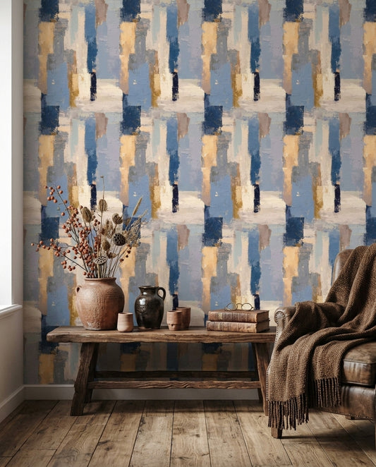 Soyut Geometrik Duvar Kağıdı Mavi Bej Modern Salon