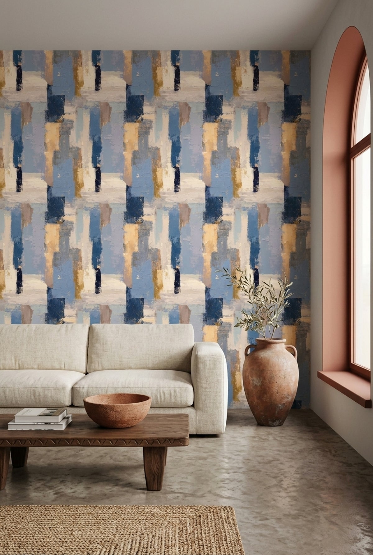 Soyut Geometrik Duvar Kağıdı Mavi Bej Modern Salon