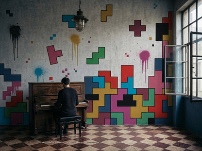 Renkli Tetris Desenli Poster Duvar Kağıdı Modern Salon Dekoru
