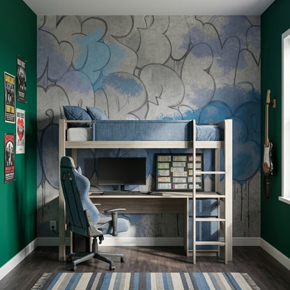 Soyut Graffiti Poster Duvar Kağıdı Gri Mavi Modern Salon