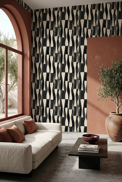 Soyut Geometrik Duvar Kağıdı Siyah Krem Salon Deseni