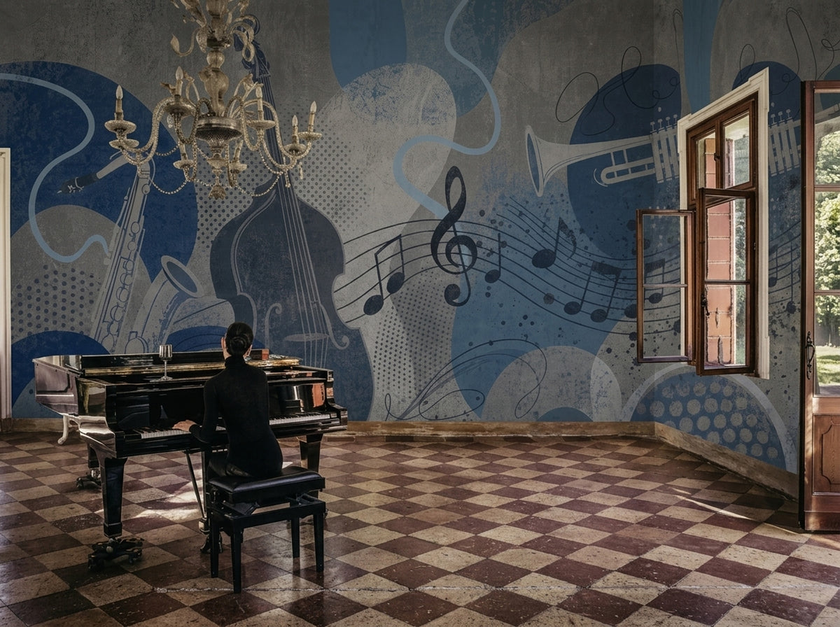 Müzik Temalı Poster Duvar Kağıdı Mavi Notalı Salon Duvarı