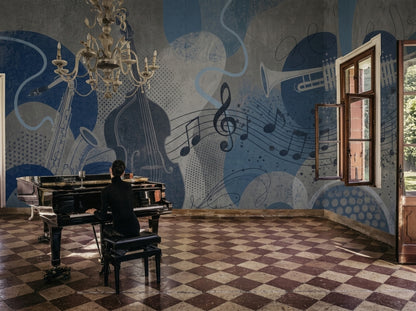 Müzik Temalı Poster Duvar Kağıdı Mavi Notalı Salon Duvarı