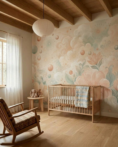 Pastel Çiçekli Poster Duvar Kağıdı Bulutlu Pudra Salon