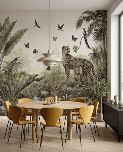 Tropikal Orman Leoparlı Poster Duvar Kağıdı Bej Yeşil Salon