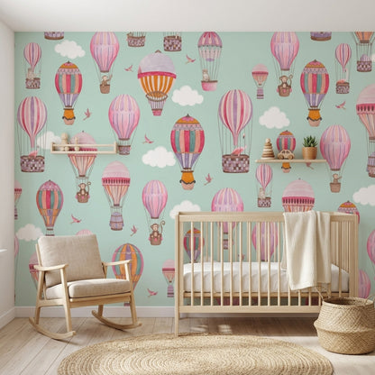 Balon ve Bulutlu Poster Duvar Kağıdı Mint Yeşil Çocuk Odası