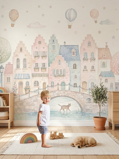 Balonlu Masal Şehir Poster Duvar Kağıdı Pastel Çocuk Odası