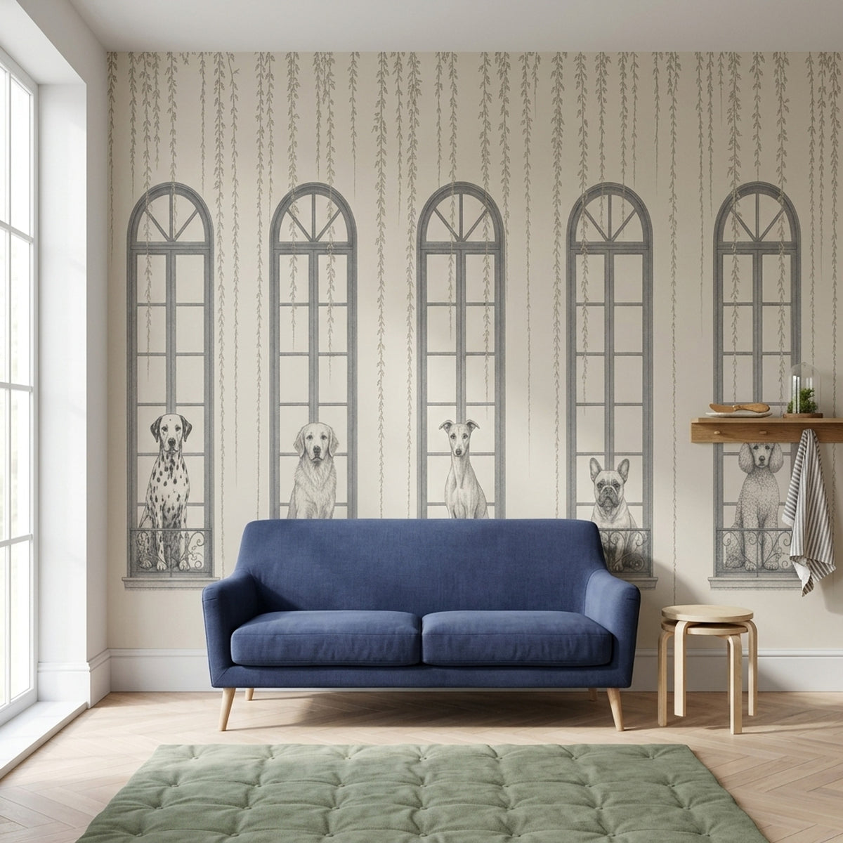 Pencere ve Köpek İllüstrasyonlu Poster Duvar Kağıdı Gri Salon