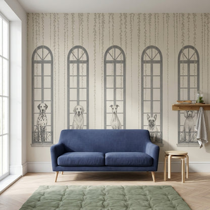 Pencere ve Köpek İllüstrasyonlu Poster Duvar Kağıdı Gri Salon
