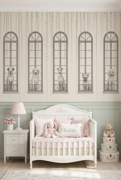 Pencere ve Köpek İllüstrasyonlu Poster Duvar Kağıdı Gri Salon