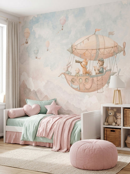 Uçan Balonlu Hava Gemili Poster Duvar Kağıdı Çocuk Odası Pastel