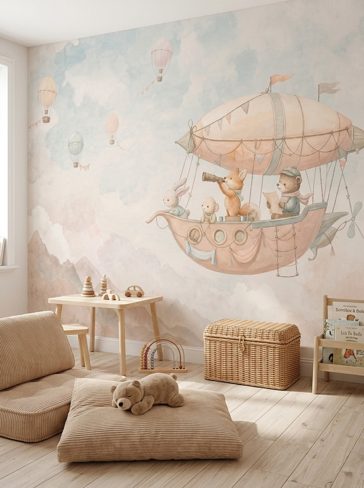 Uçan Balonlu Hava Gemili Poster Duvar Kağıdı Çocuk Odası Pastel