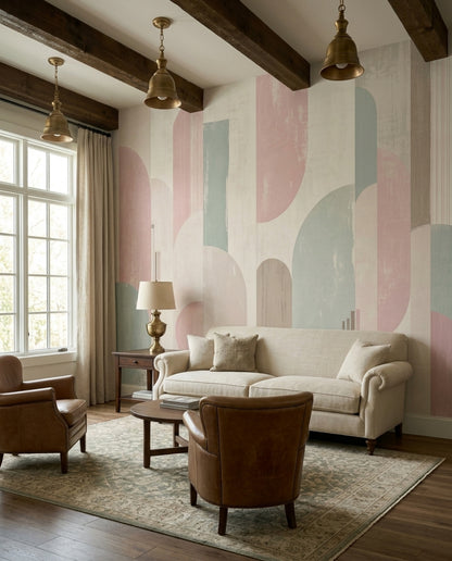 Pastel Geometrik Poster Duvar Kağıdı Pembe Yeşil Yatak Odası