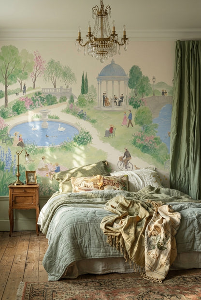Nostaljik Park Manzaralı Poster Duvar Kağıdı Pastel Yeşil Yatak Odası